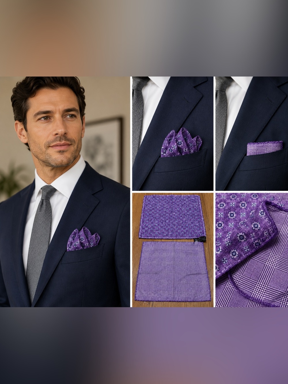 Edward Armah 100% Silk Pocket Square Purple Geometric Plaid Reversible